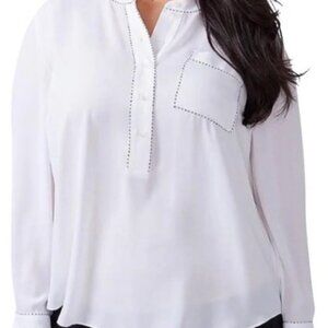Lane Bryant Lng Slv Chiffon Blouse Pocket White w/ Black Whip Stitching Sz 18/20